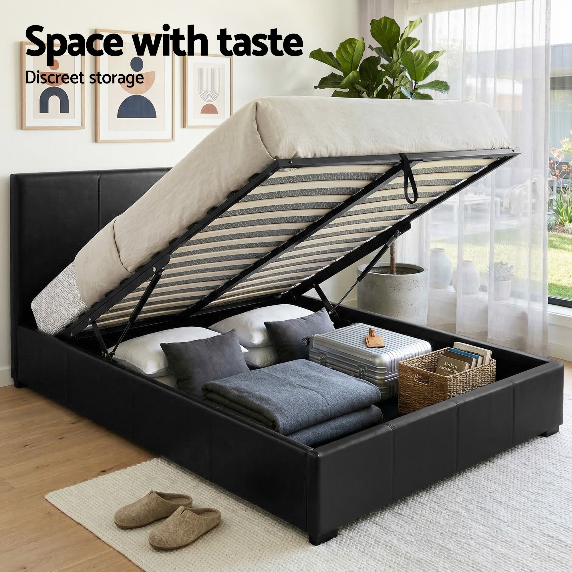 Artiss Gas Lift Queen Bed Frame and Bedside Table Set Leather Black BFRAME-SET-NINO-BSIDE-BK