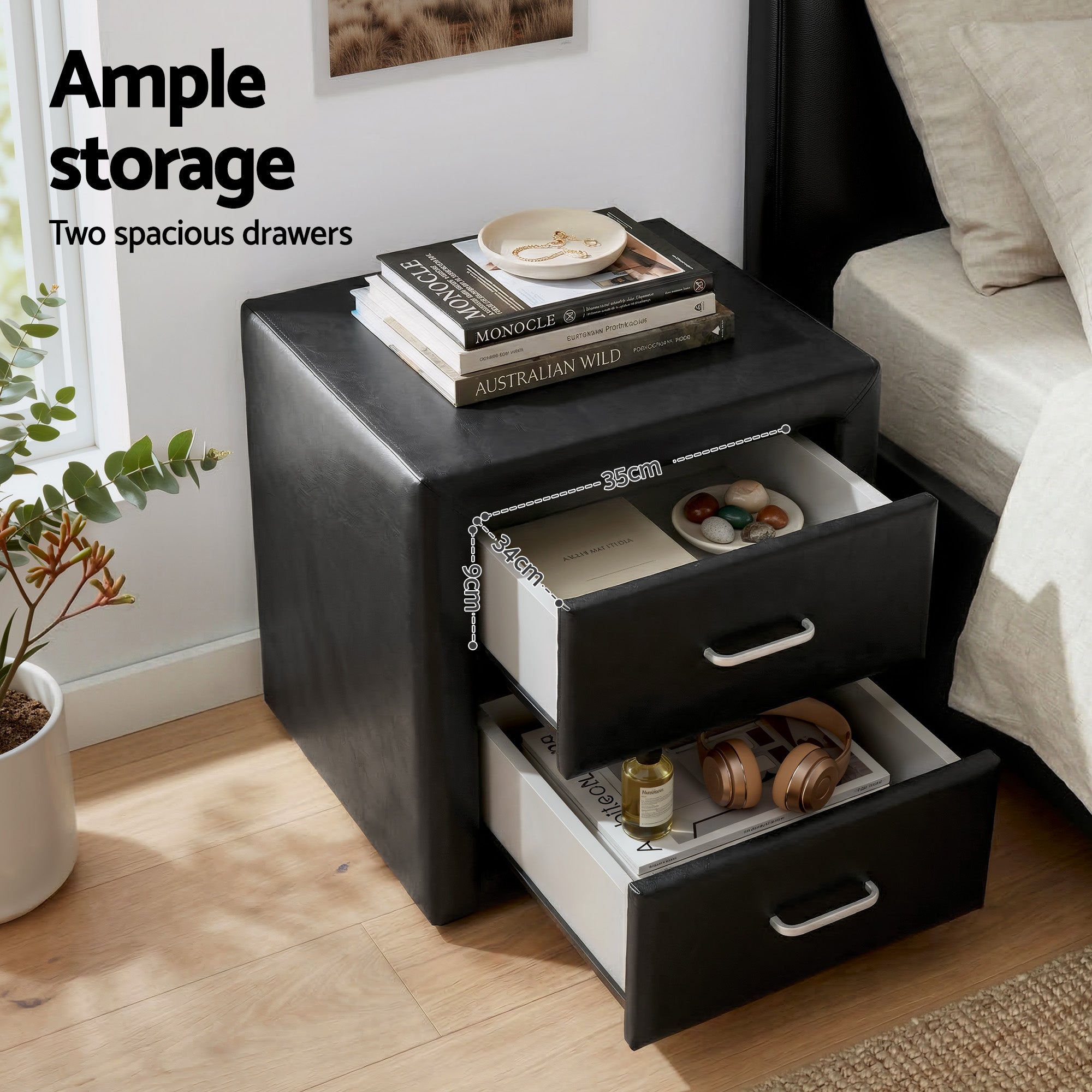 Artiss Gas Lift Queen Bed Frame and Bedside Table Set Leather Black BFRAME-SET-NINO-BSIDE-BK