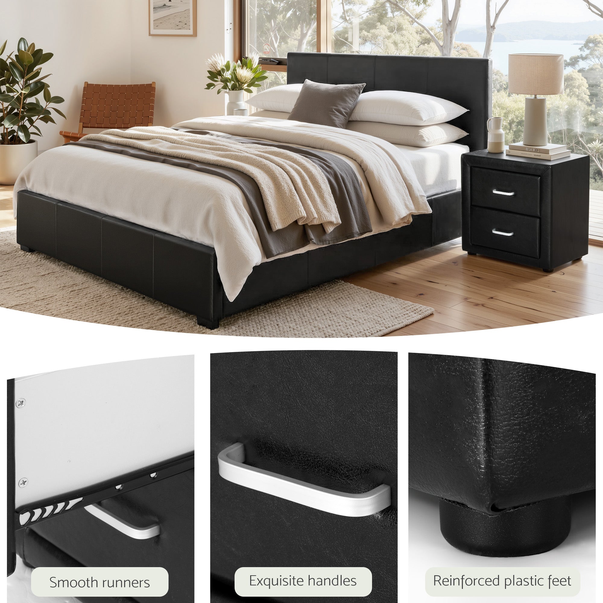 Artiss Gas Lift Queen Bed Frame and Bedside Table Set Leather Black BFRAME-SET-NINO-BSIDE-BK