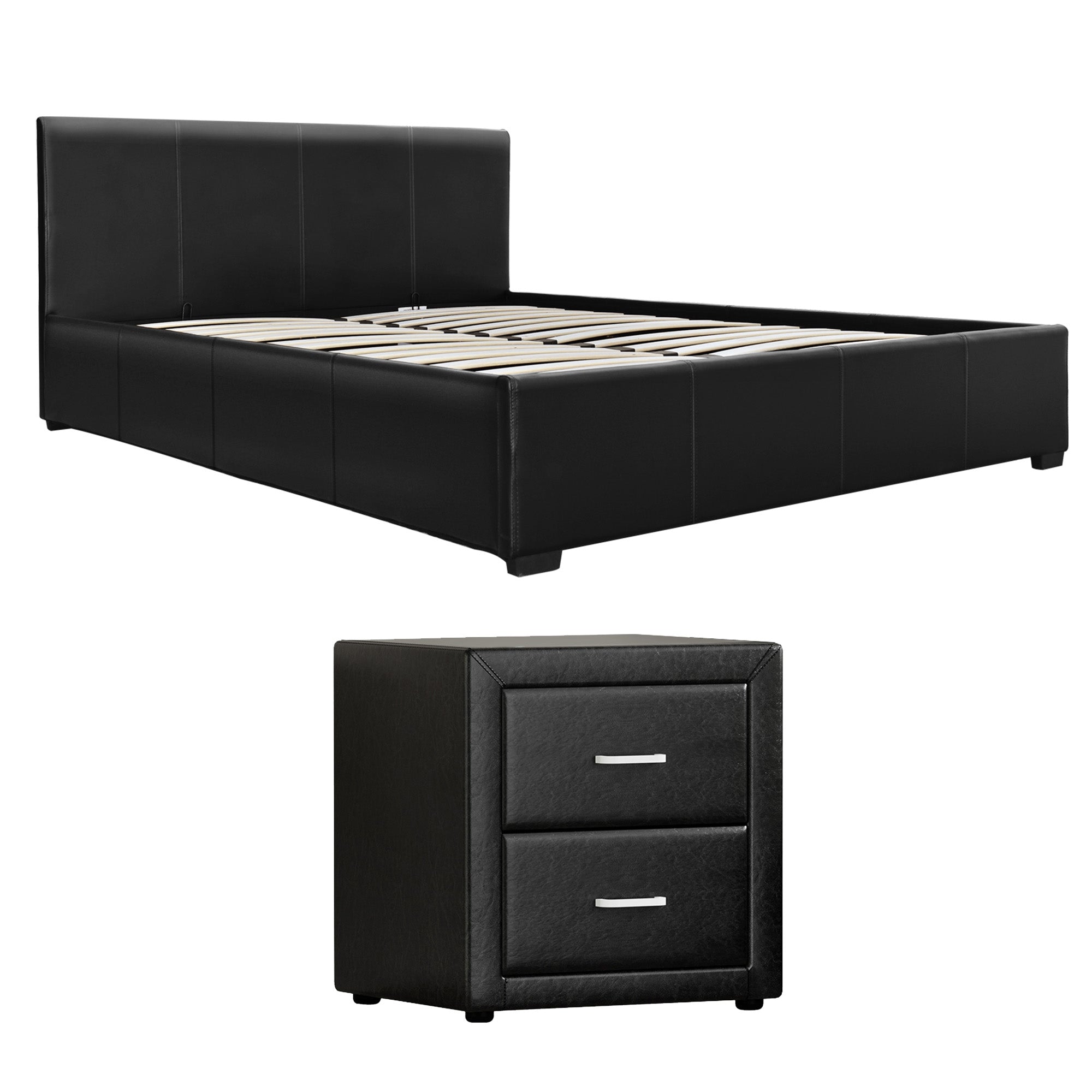 Artiss Gas Lift Queen Bed Frame and Bedside Table Set Leather Black BFRAME-SET-NINO-BSIDE-BK