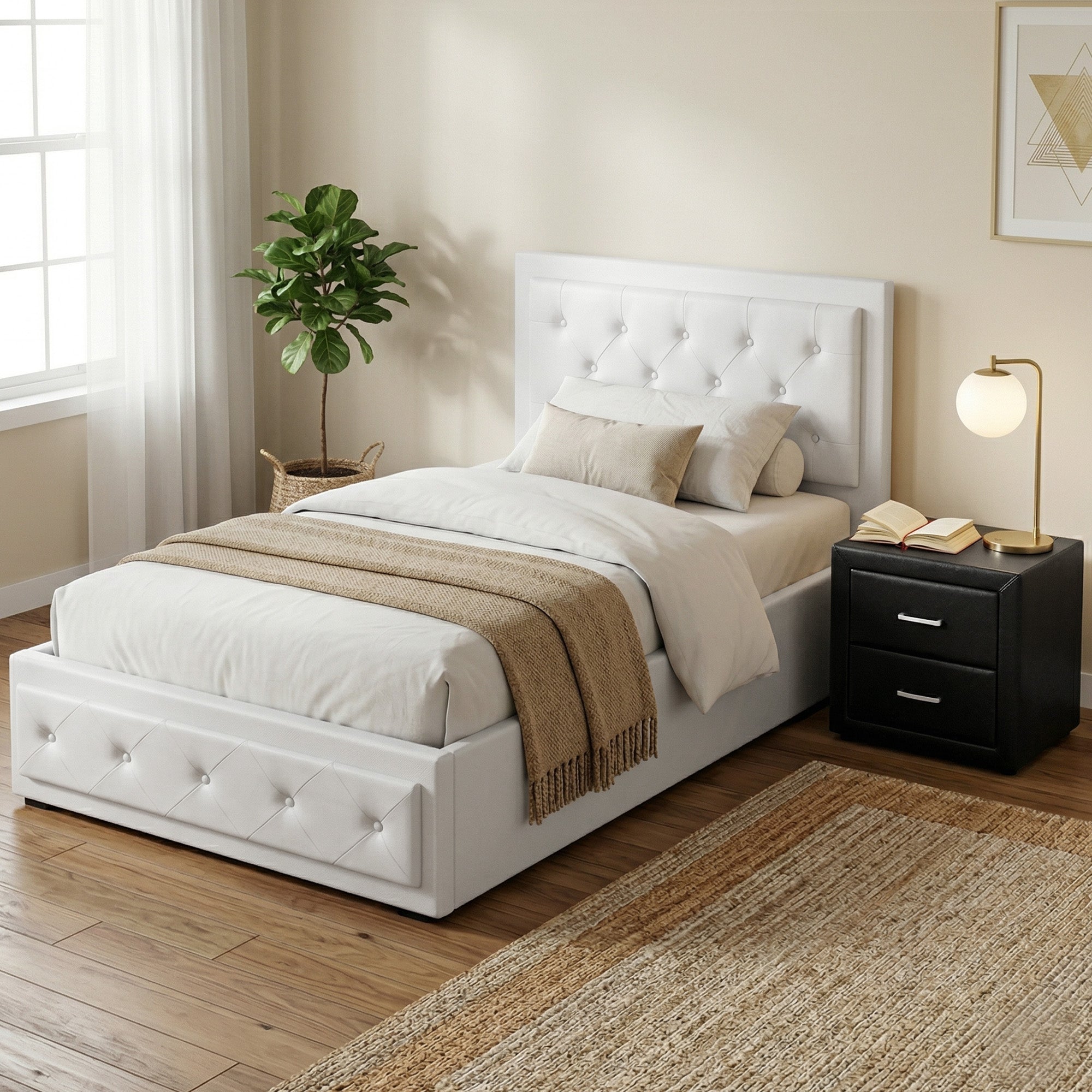 Artiss King Single Bed Frame Storage White Leather Gas Lift Bed Black Bedside Table Set BFRAME-SET-NINO-BSIDE-KS