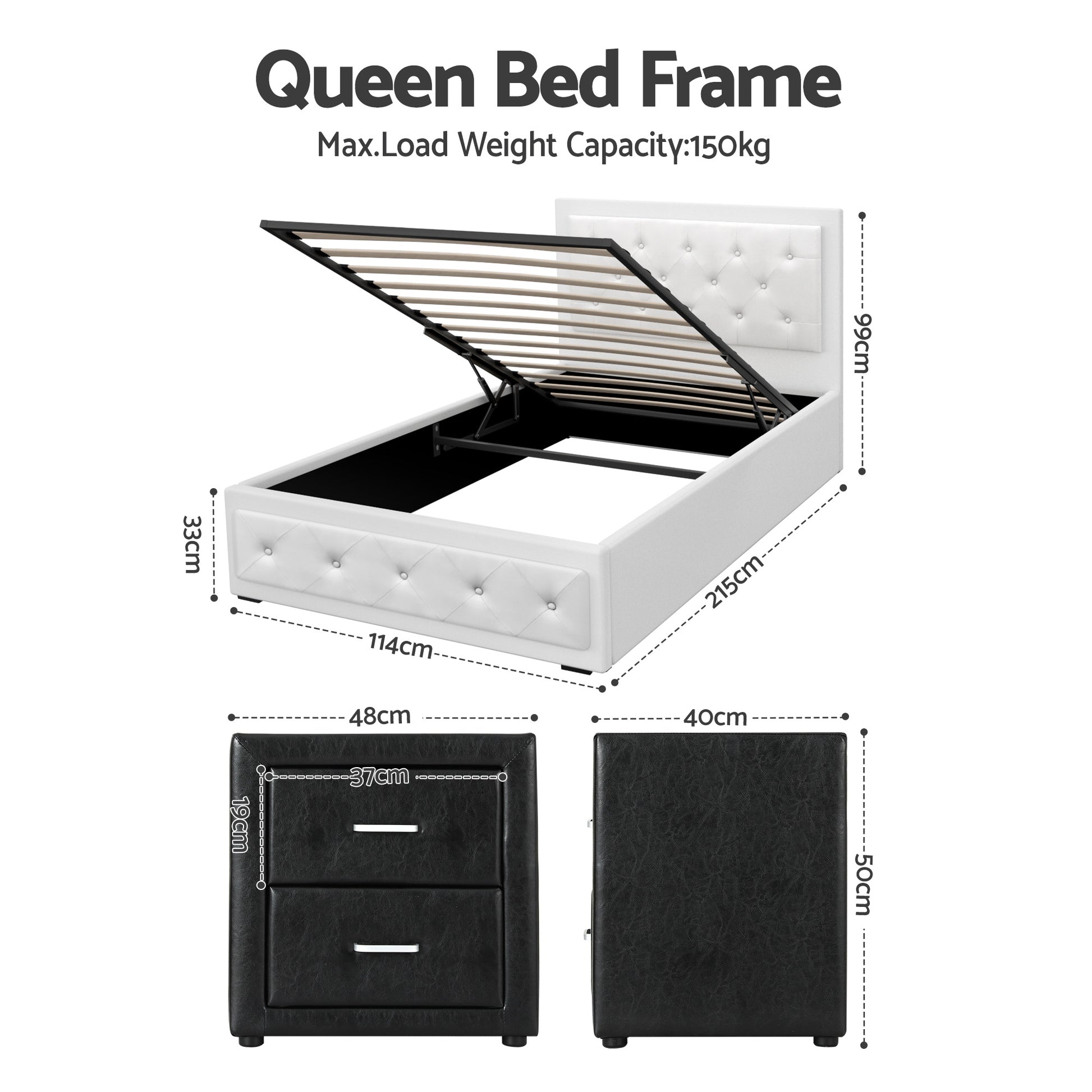 Artiss King Single Bed Frame Storage White Leather Gas Lift Bed Black Bedside Table Set BFRAME-SET-NINO-BSIDE-KS