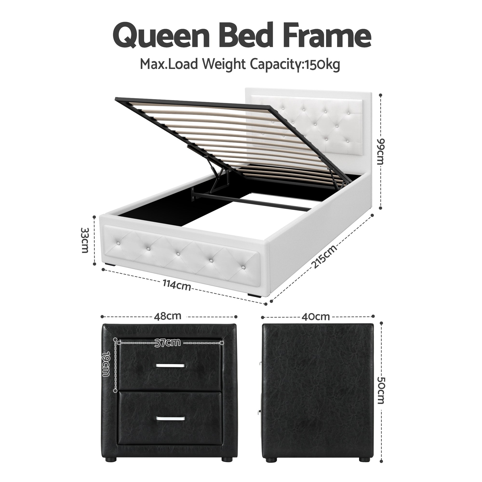 Artiss King Single Bed Frame Storage White Leather Gas Lift Bed Black Bedside Table Set BFRAME-SET-NINO-BSIDE-KS