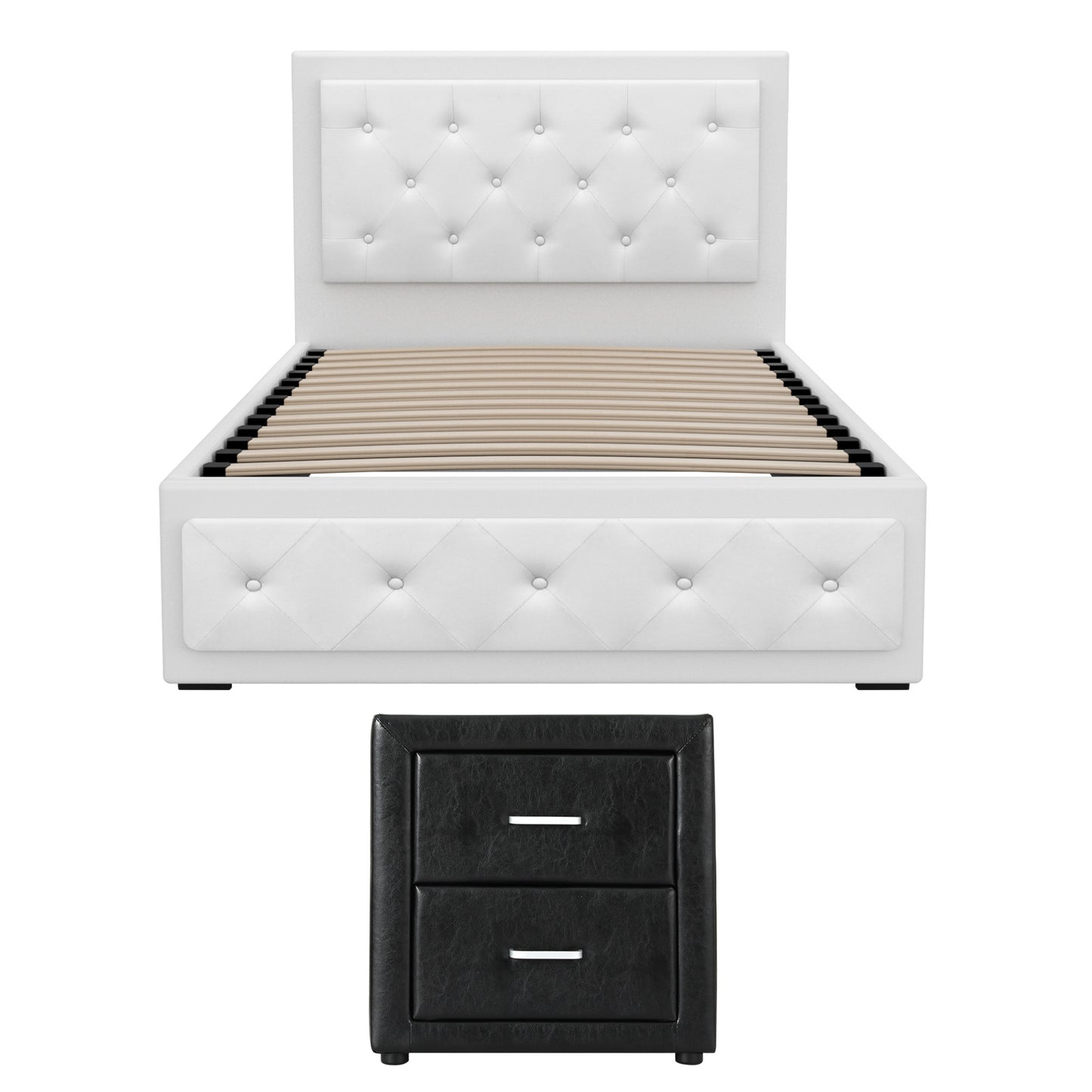 Artiss King Single Bed Frame Storage White Leather Gas Lift Bed Black Bedside Table Set BFRAME-SET-NINO-BSIDE-KS