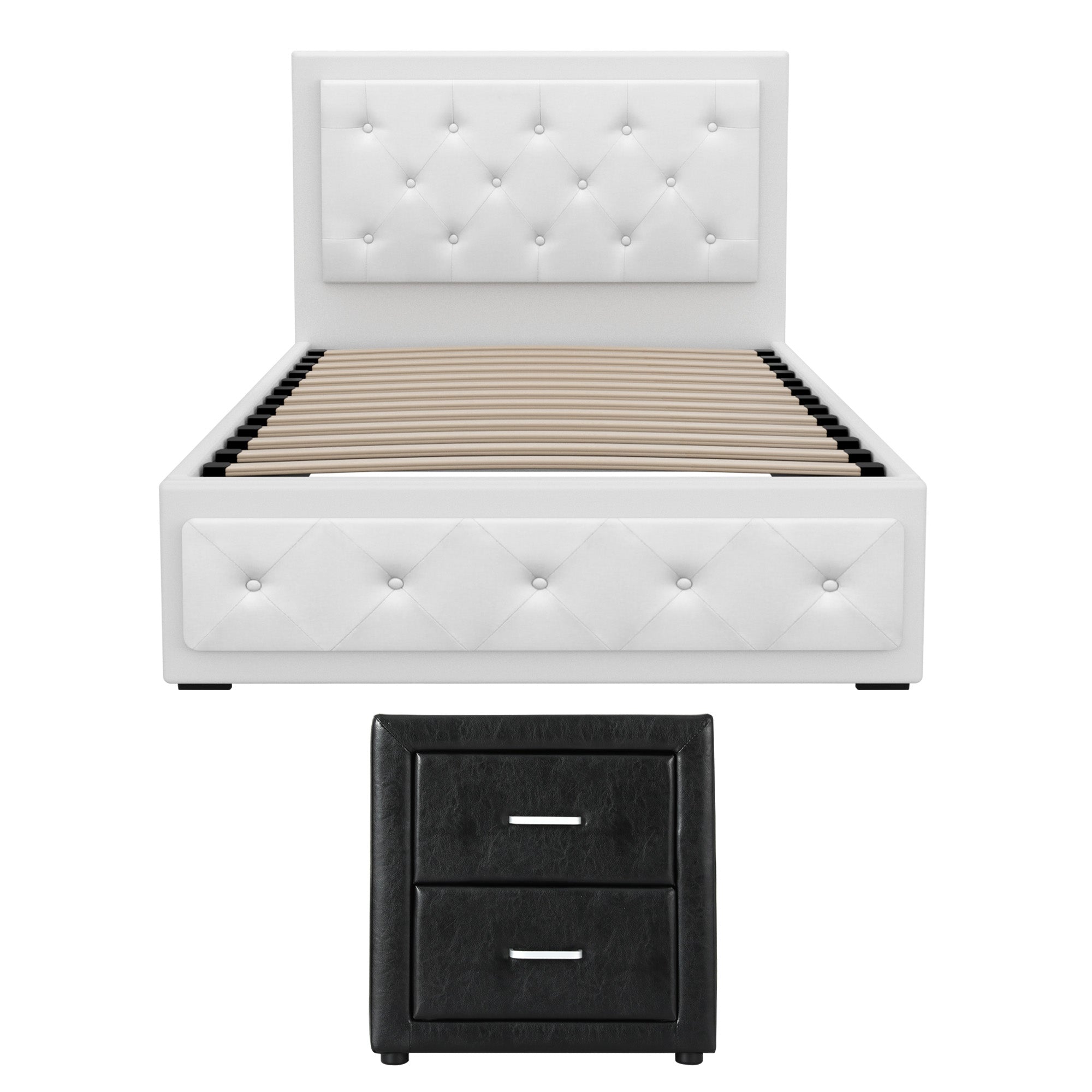 Artiss King Single Bed Frame Storage White Leather Gas Lift Bed Black Bedside Table Set BFRAME-SET-NINO-BSIDE-KS