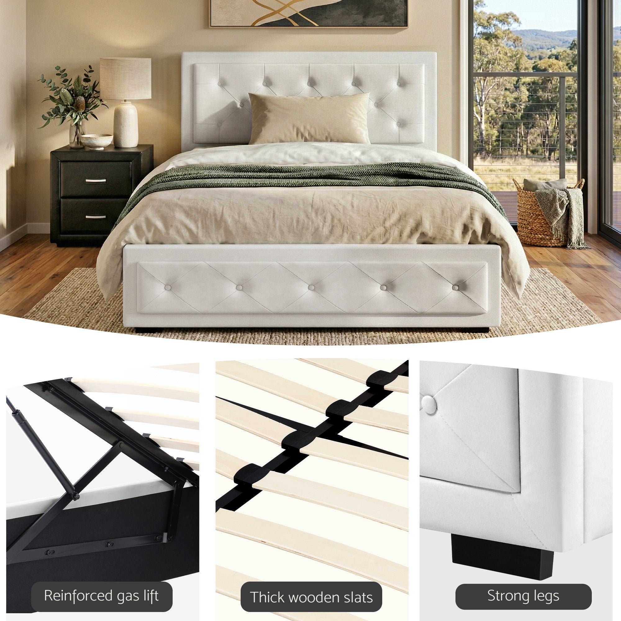 Artiss King Single Bed Frame Storage White Leather Gas Lift Bed Black Bedside Table Set BFRAME-SET-NINO-BSIDE-KS