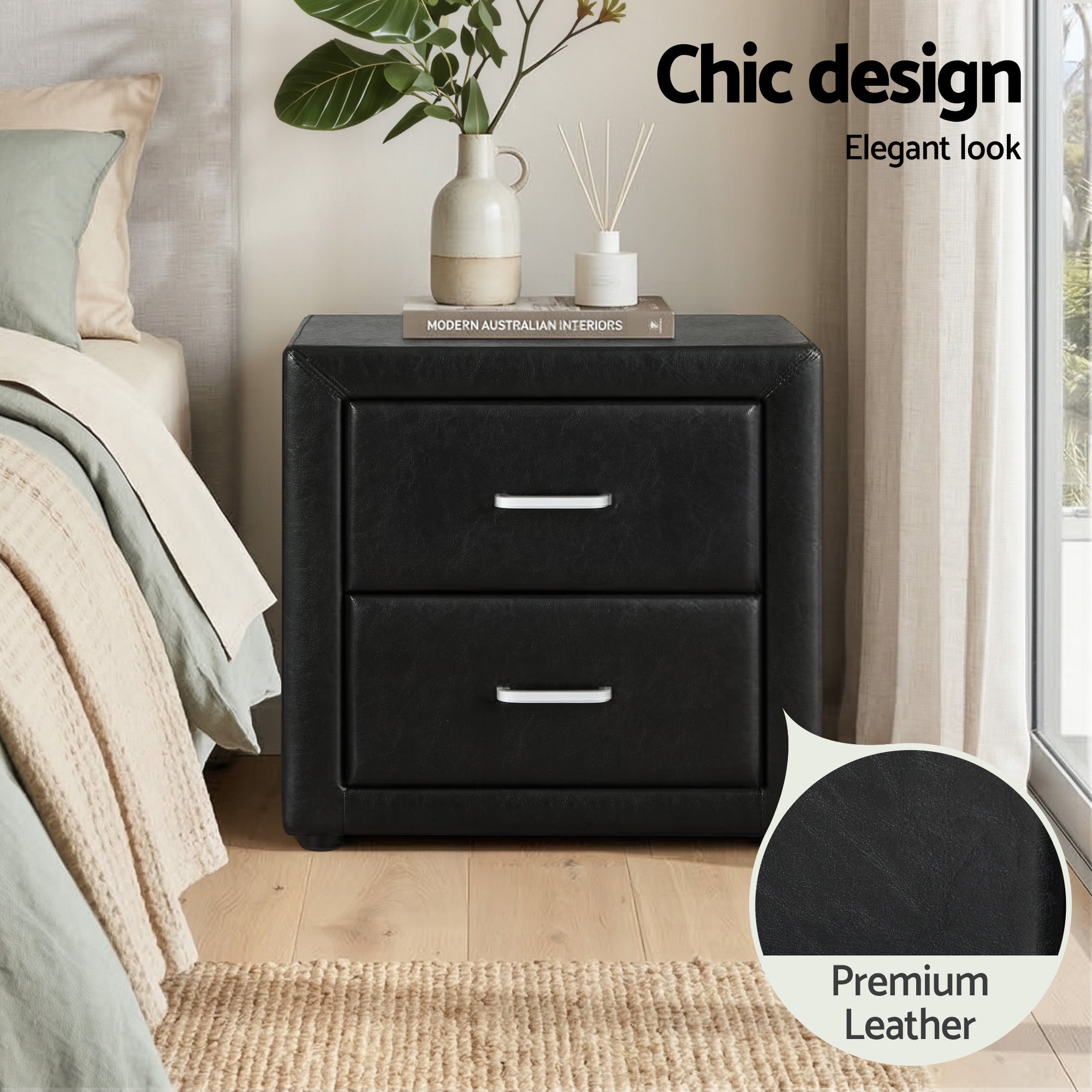Artiss King Single Bed Frame Storage White Leather Gas Lift Bed Black Bedside Table Set BFRAME-SET-NINO-BSIDE-KS