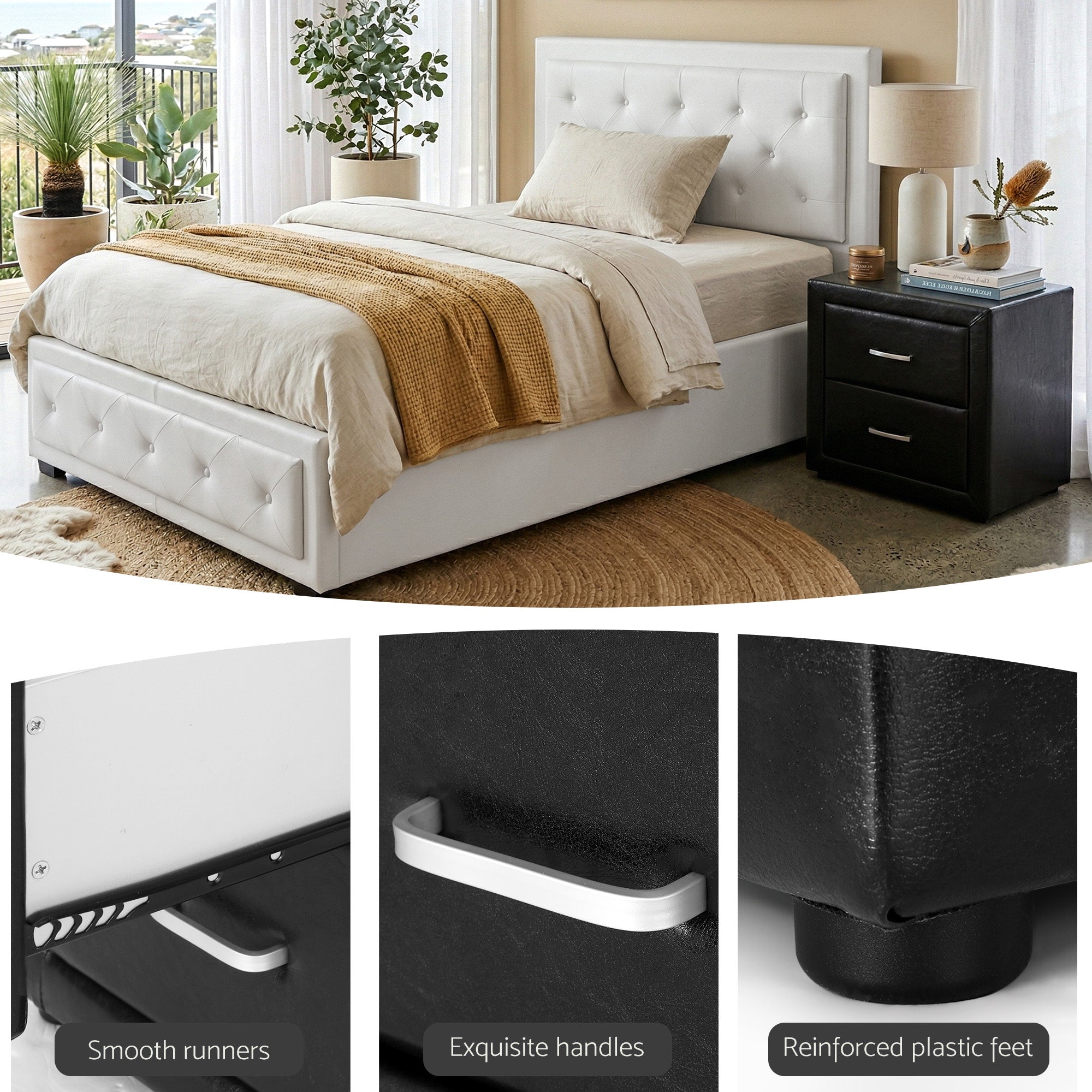 Artiss King Single Bed Frame Storage White Leather Gas Lift Bed Black Bedside Table Set BFRAME-SET-NINO-BSIDE-KS