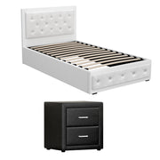 Artiss King Single Bed Frame Storage White Leather Gas Lift Bed Black Bedside Table Set BFRAME-SET-NINO-BSIDE-KS
