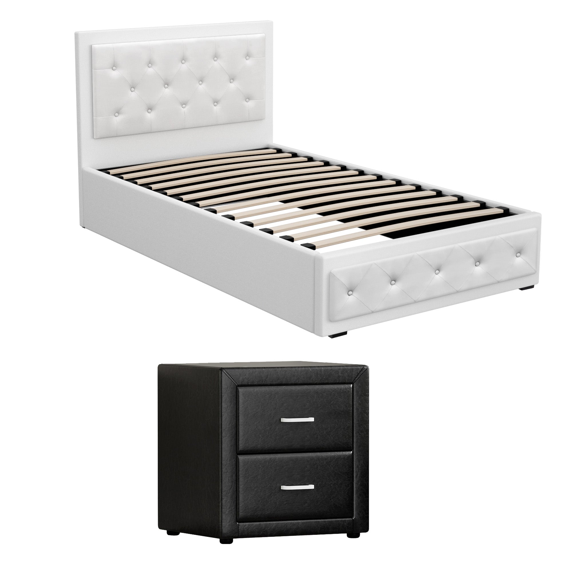 Artiss King Single Bed Frame Storage White Leather Gas Lift Bed Black Bedside Table Set BFRAME-SET-NINO-BSIDE-KS