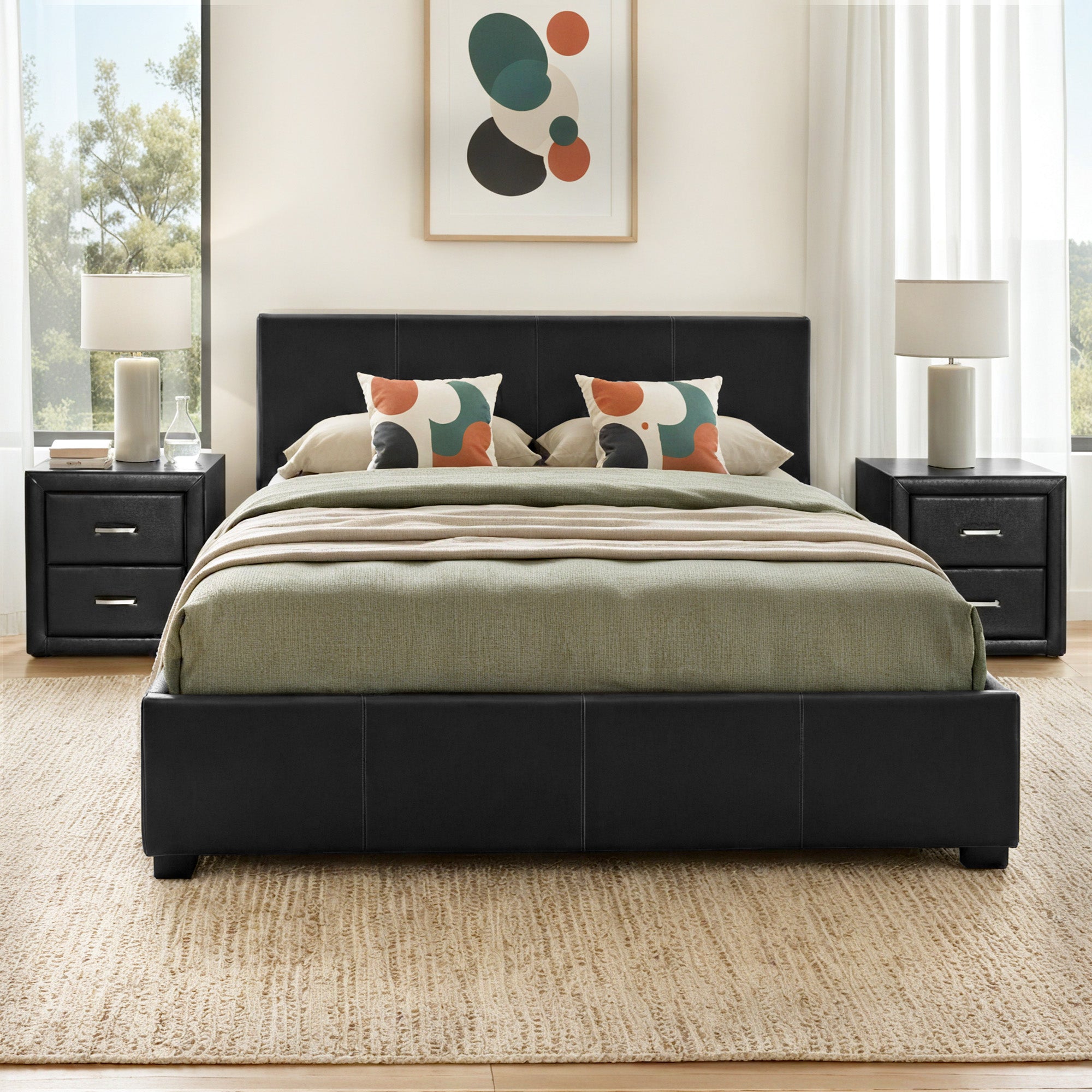Artiss Gas Lift Queen Bed Frame and 2 Bedside Table Set Leather Black BFRAME-SET-NINO-BSIDEX2-BK