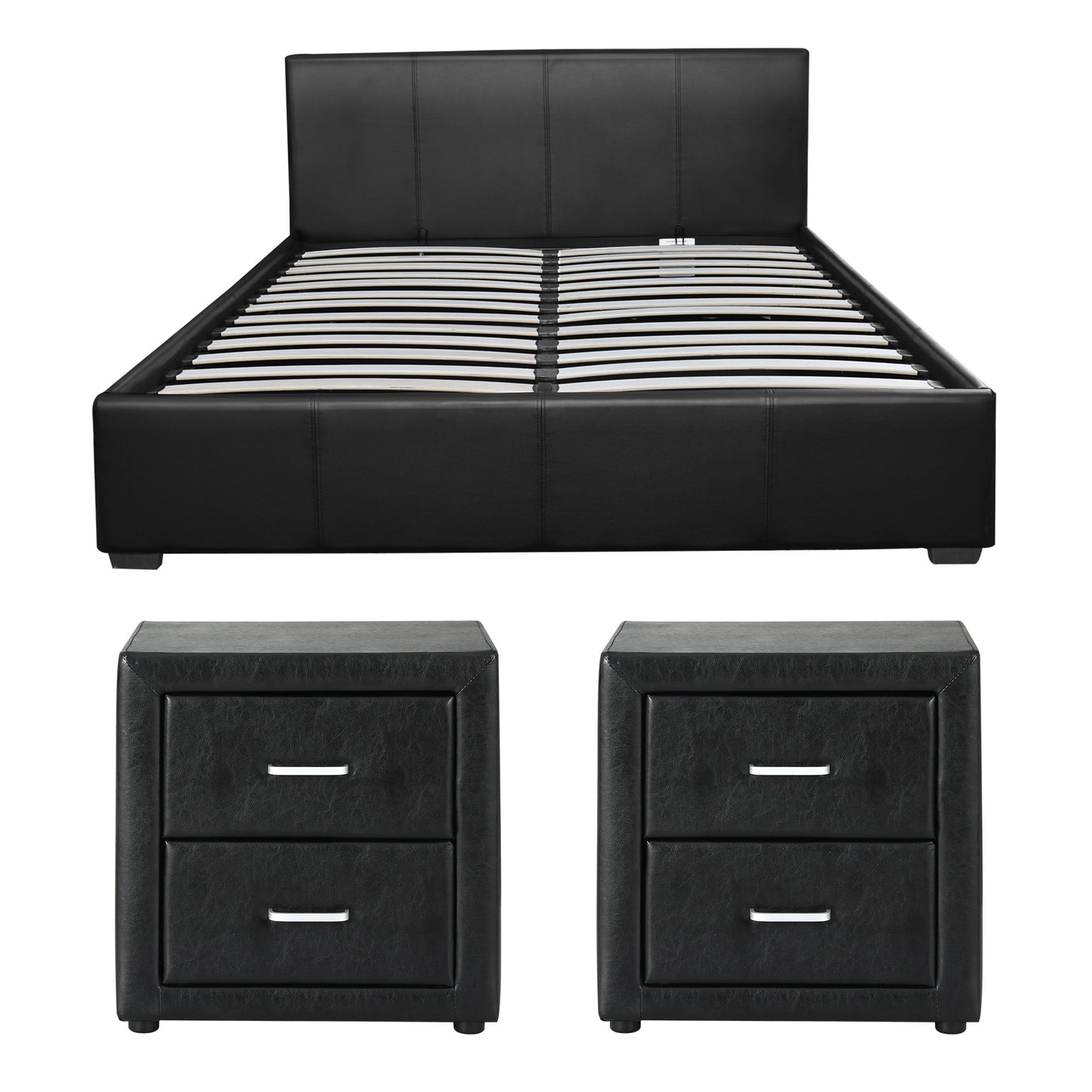 Artiss Gas Lift Queen Bed Frame and 2 Bedside Table Set Leather Black BFRAME-SET-NINO-BSIDEX2-BK