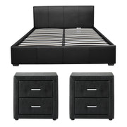 Artiss Gas Lift Queen Bed Frame and 2 Bedside Table Set Leather Black BFRAME-SET-NINO-BSIDEX2-BK