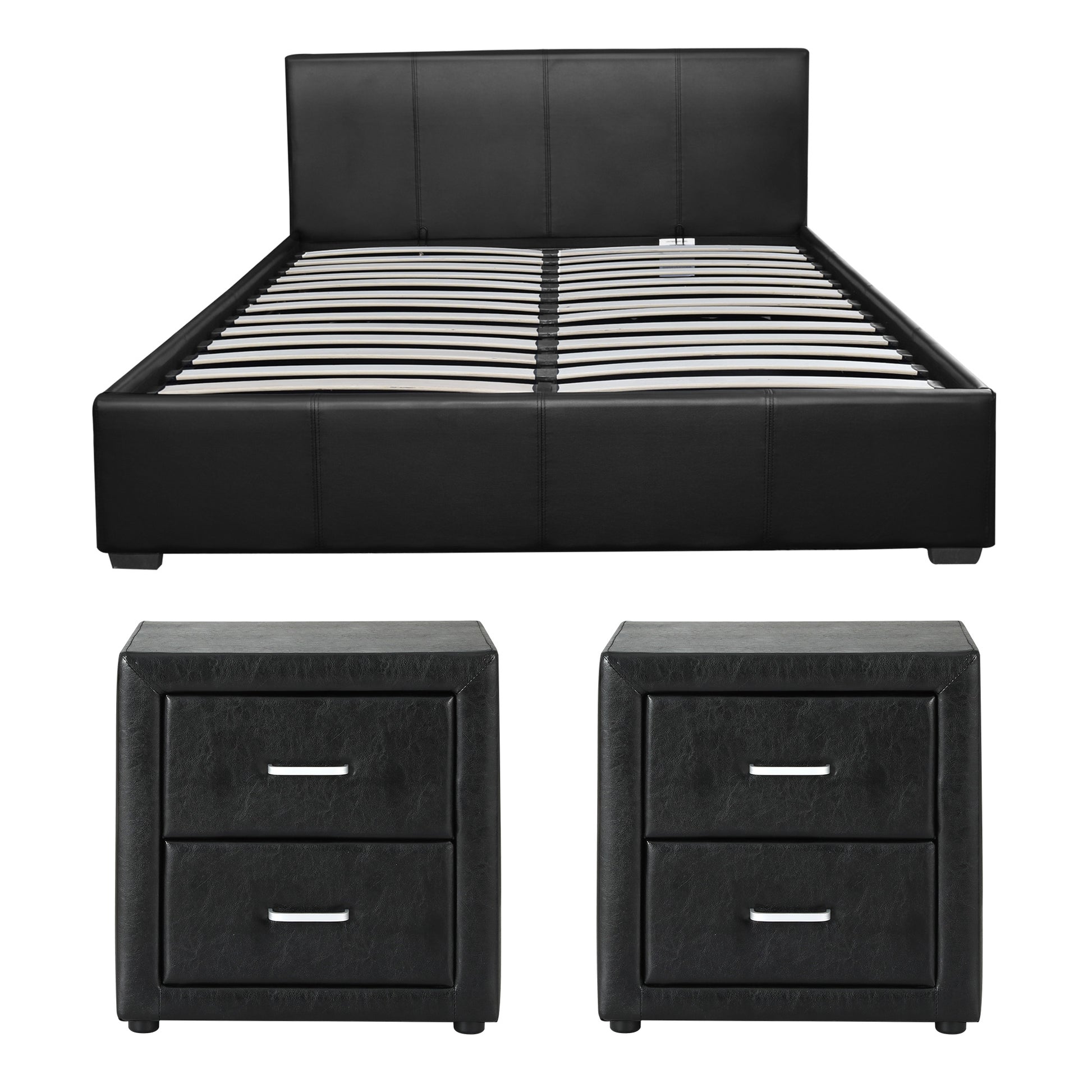 Artiss Gas Lift Queen Bed Frame and 2 Bedside Table Set Leather Black BFRAME-SET-NINO-BSIDEX2-BK