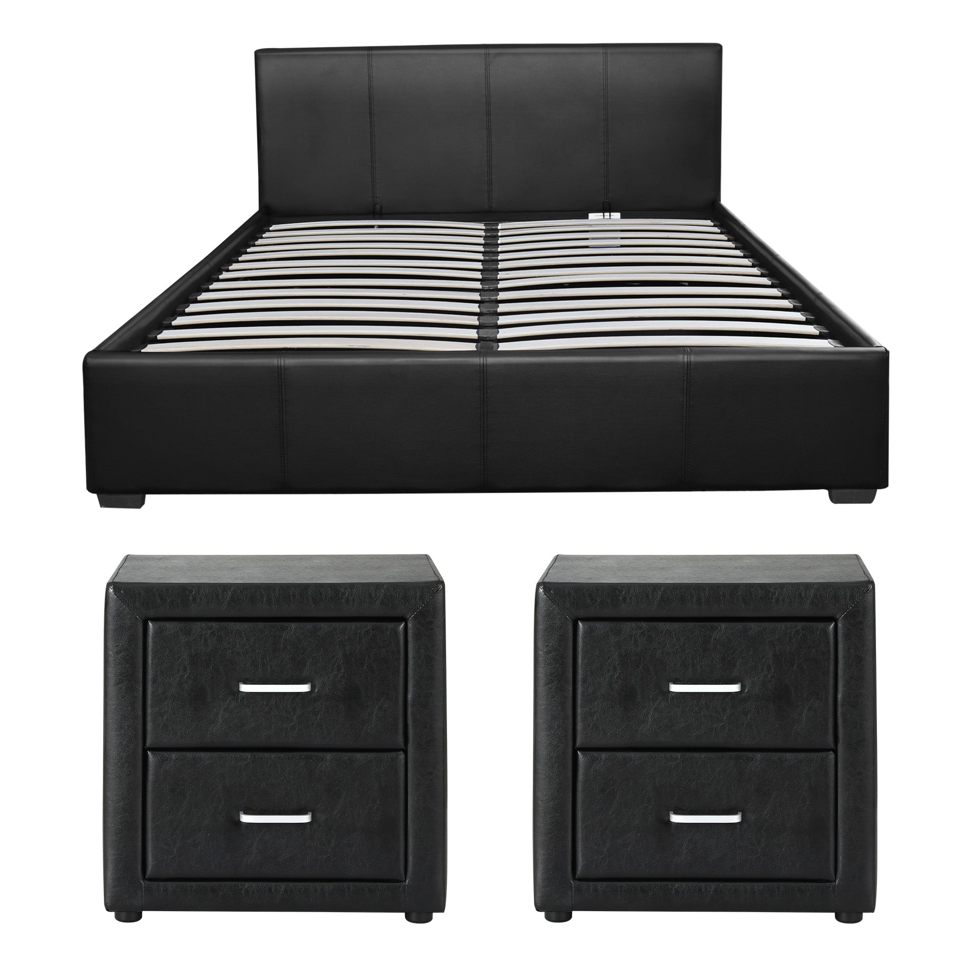 Artiss Gas Lift Queen Bed Frame and 2 Bedside Table Set Leather Black BFRAME-SET-NINO-BSIDEX2-BK
