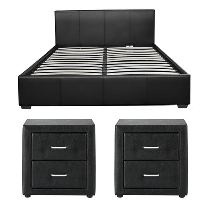 Artiss Gas Lift Queen Bed Frame and 2 Bedside Table Set Leather Black BFRAME-SET-NINO-BSIDEX2-BK