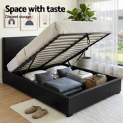 Artiss Gas Lift Queen Bed Frame and 2 Bedside Table Set Leather Black BFRAME-SET-NINO-BSIDEX2-BK