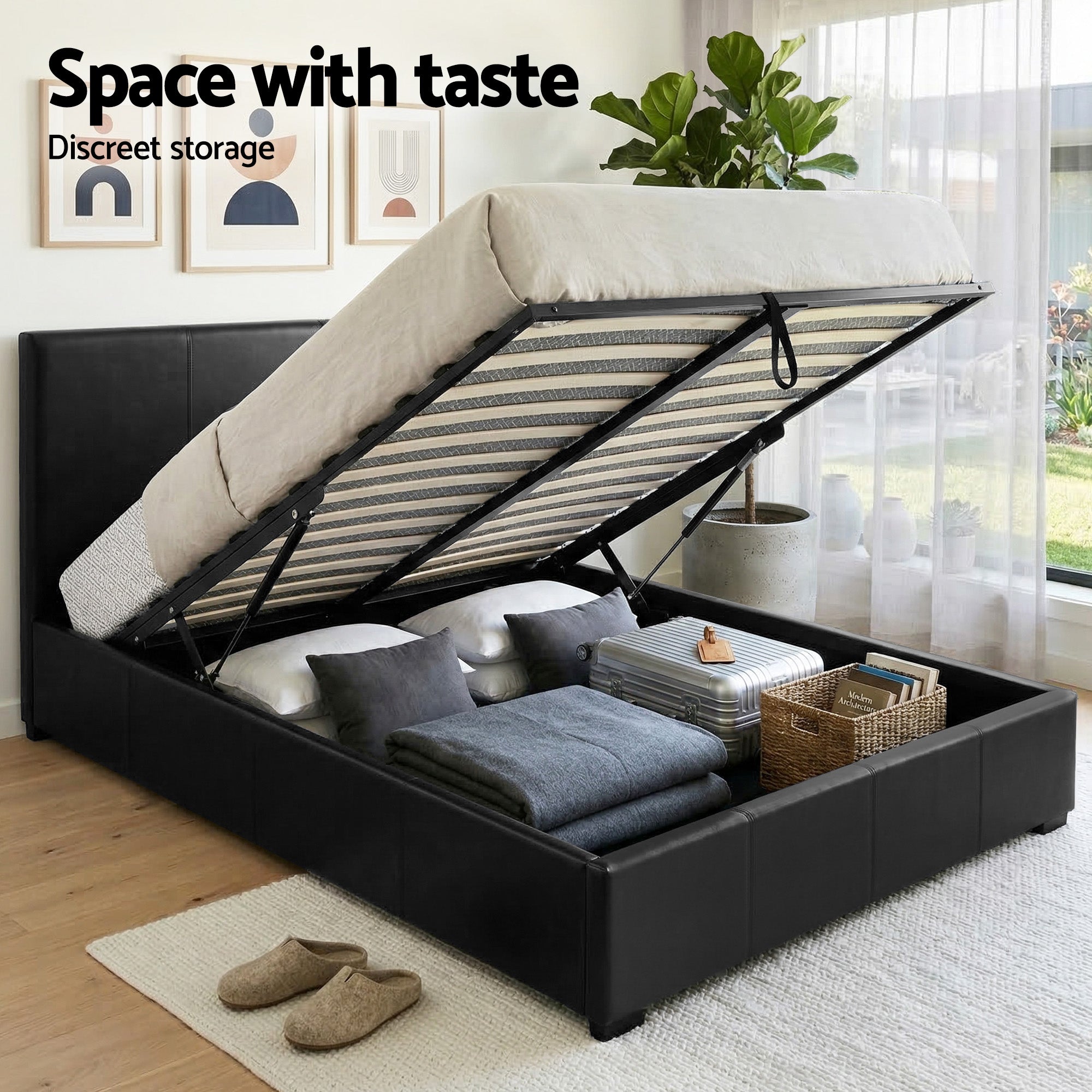 Artiss Gas Lift Queen Bed Frame and 2 Bedside Table Set Leather Black BFRAME-SET-NINO-BSIDEX2-BK
