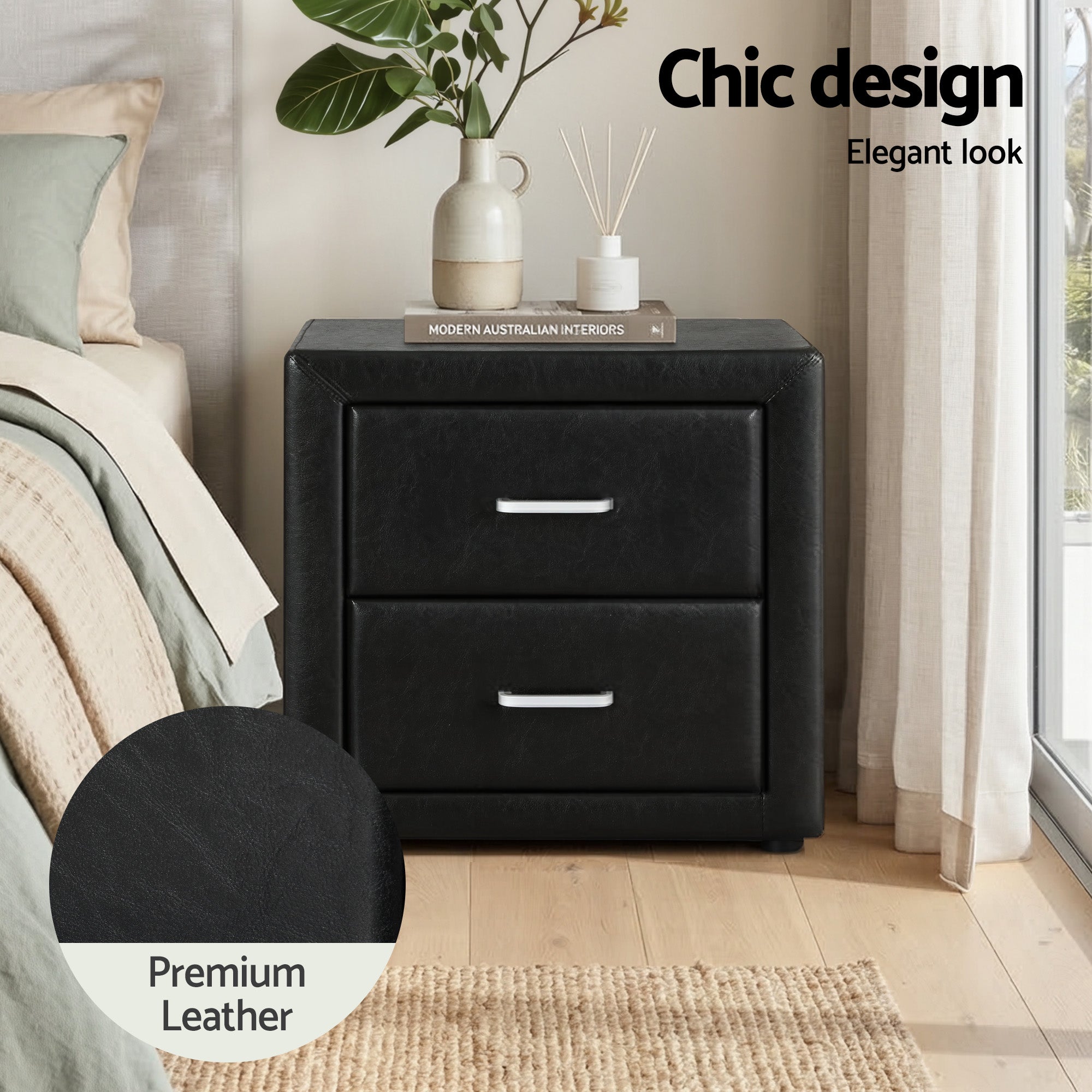 Artiss Gas Lift Queen Bed Frame and 2 Bedside Table Set Leather Black BFRAME-SET-NINO-BSIDEX2-BK