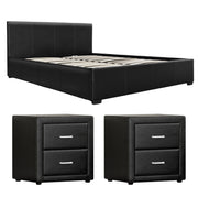 Artiss Gas Lift Queen Bed Frame and 2 Bedside Table Set Leather Black BFRAME-SET-NINO-BSIDEX2-BK