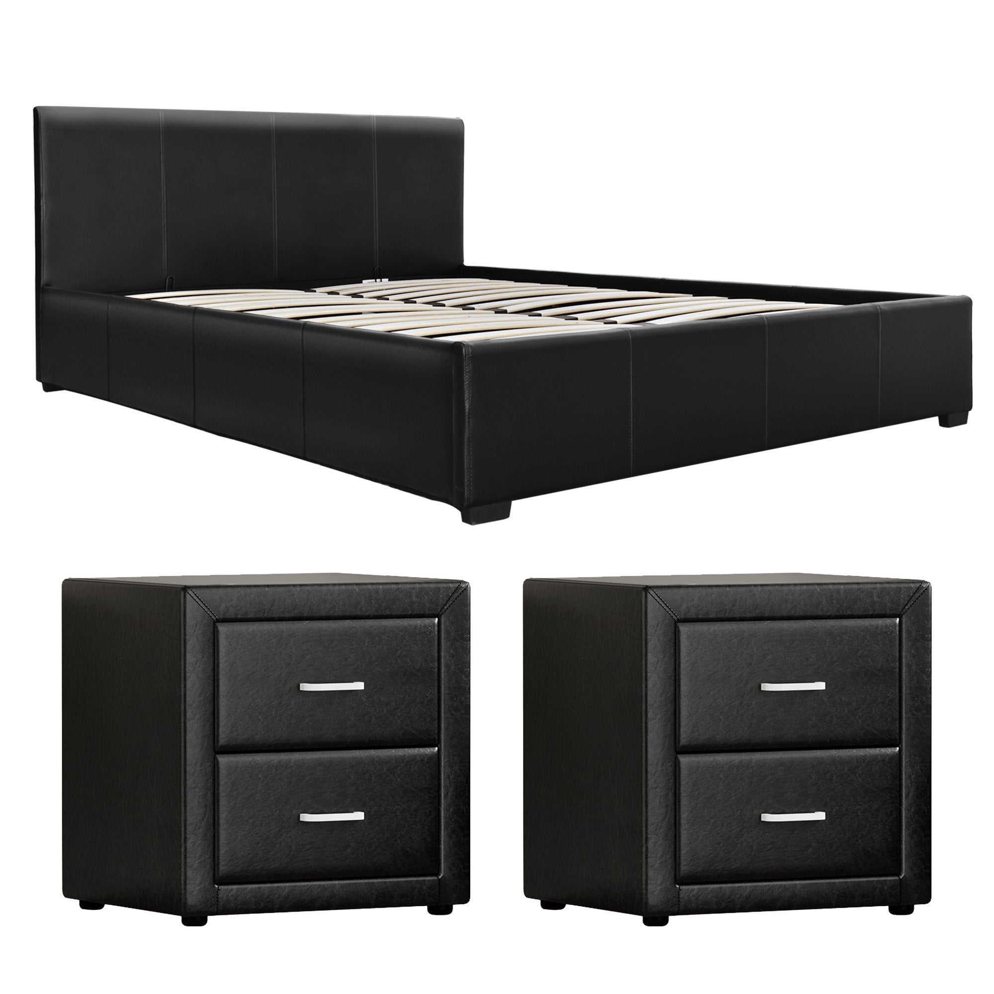 Artiss Gas Lift Queen Bed Frame and 2 Bedside Table Set Leather Black BFRAME-SET-NINO-BSIDEX2-BK