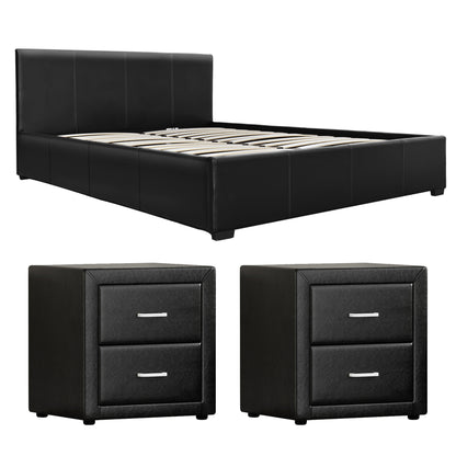 Artiss Gas Lift Queen Bed Frame and 2 Bedside Table Set Leather Black BFRAME-SET-NINO-BSIDEX2-BK