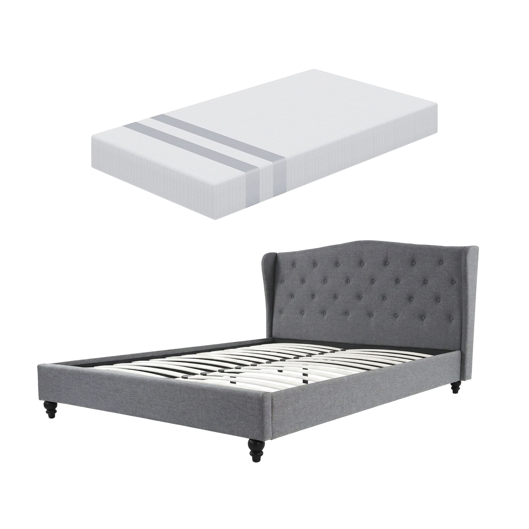 Artiss and BedStory Double Bed Frame and Mattress Set Memory Foam Cooling Gel Medium Soft Tufted Wing Headboard Grey