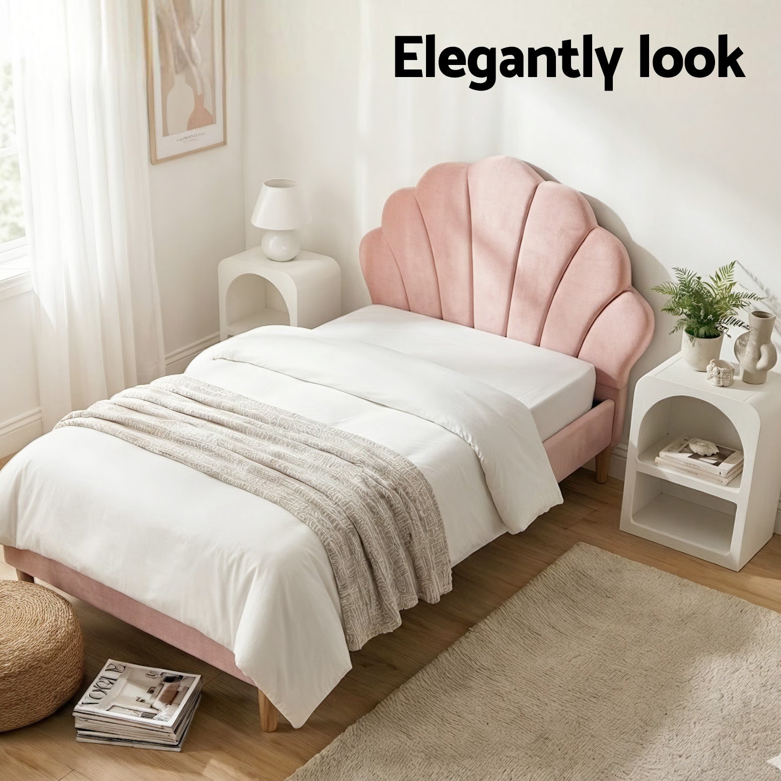 Artiss Bed Frame King Single with Bedside Table Set Scallop Headboard Pink Velvet Fabric Beds Base BFRAME-SET-ROSY-BS-01