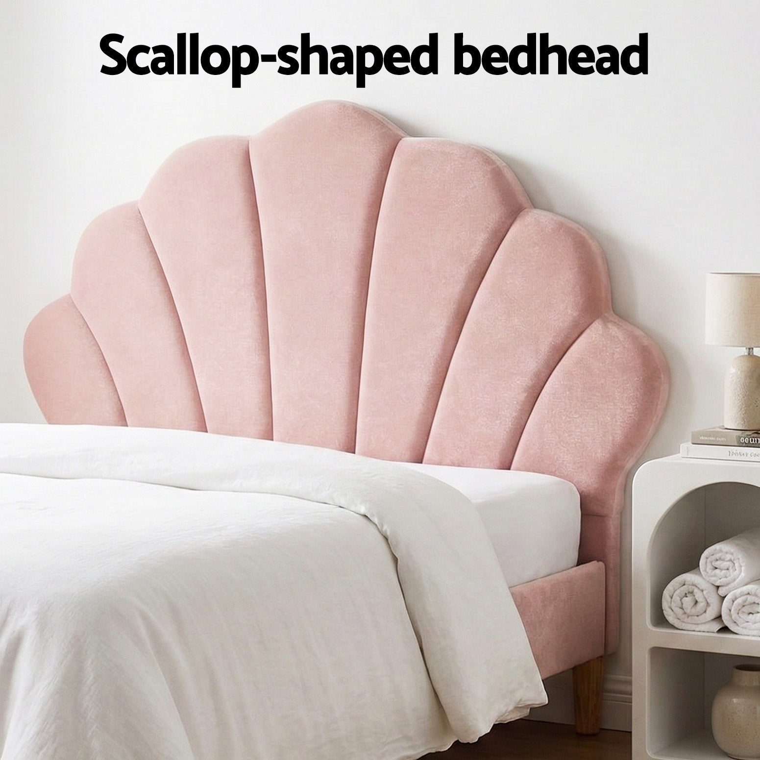 Artiss Bed Frame King Single with Bedside Table Set Scallop Headboard Pink Velvet Fabric Beds Base BFRAME-SET-ROSY-BS-01