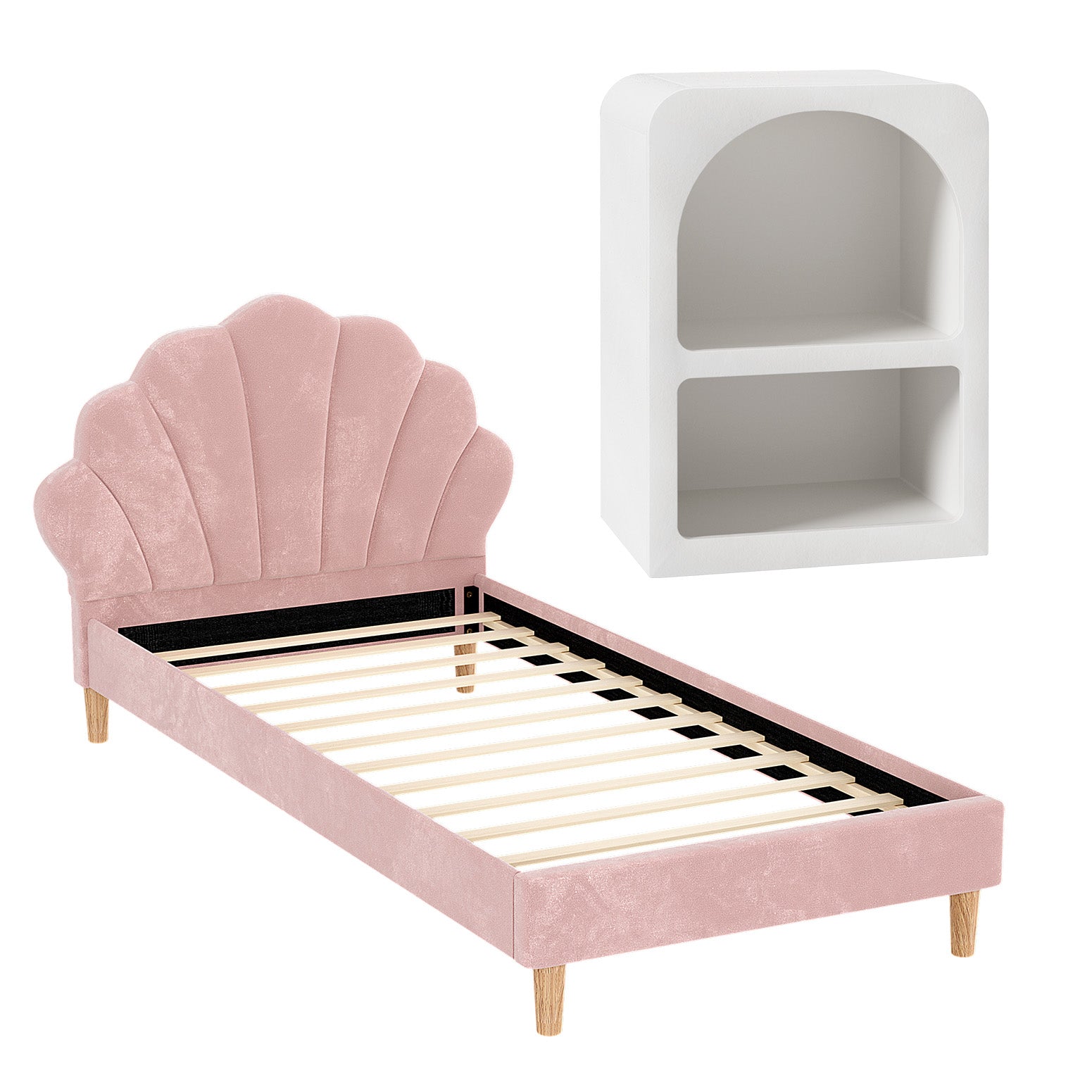 Artiss Bed Frame King Single with Bedside Table Set Scallop Headboard Pink Velvet Fabric Beds Base BFRAME-SET-ROSY-BS-01