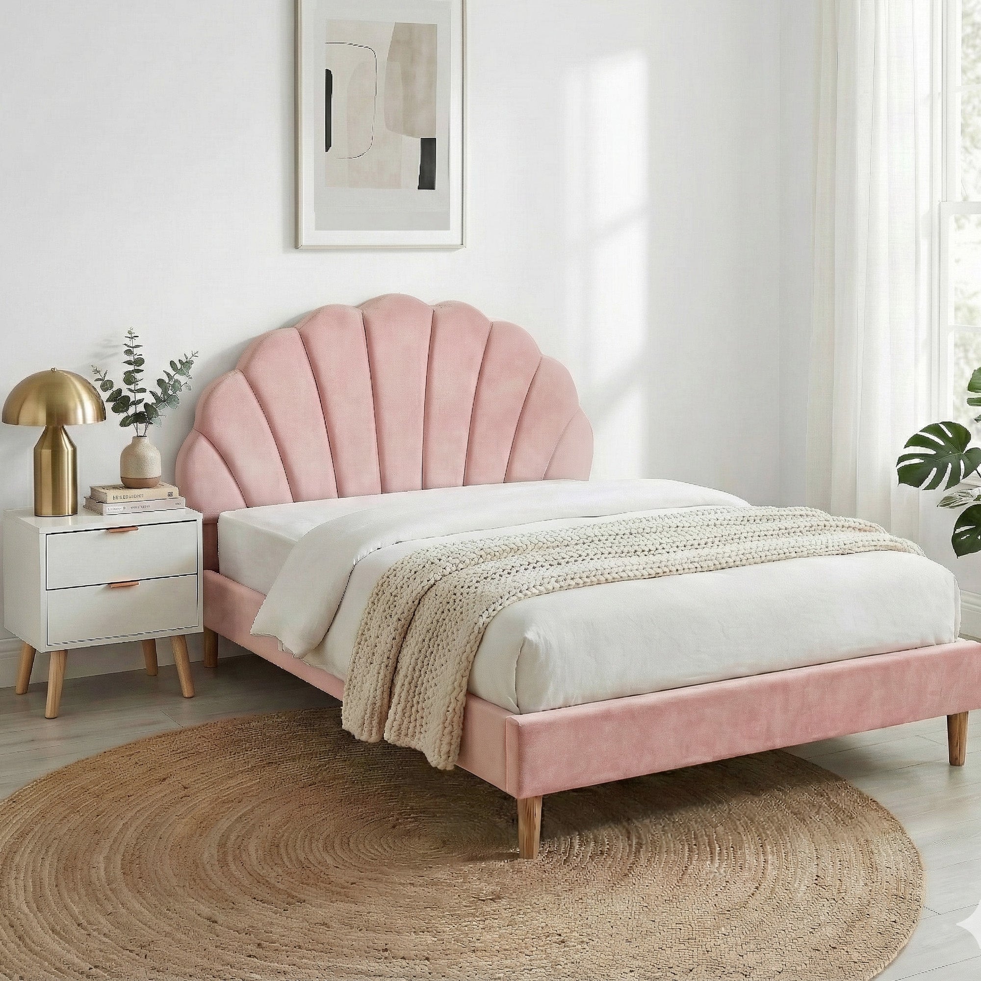 Artiss Double Bed Frame Scallop Headboard Pink Velvet with 2 Drawer Bedside Table BFRAME-SET-ROSY-BS-03