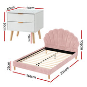 Artiss Double Bed Frame Scallop Headboard Pink Velvet with 2 Drawer Bedside Table BFRAME-SET-ROSY-BS-03