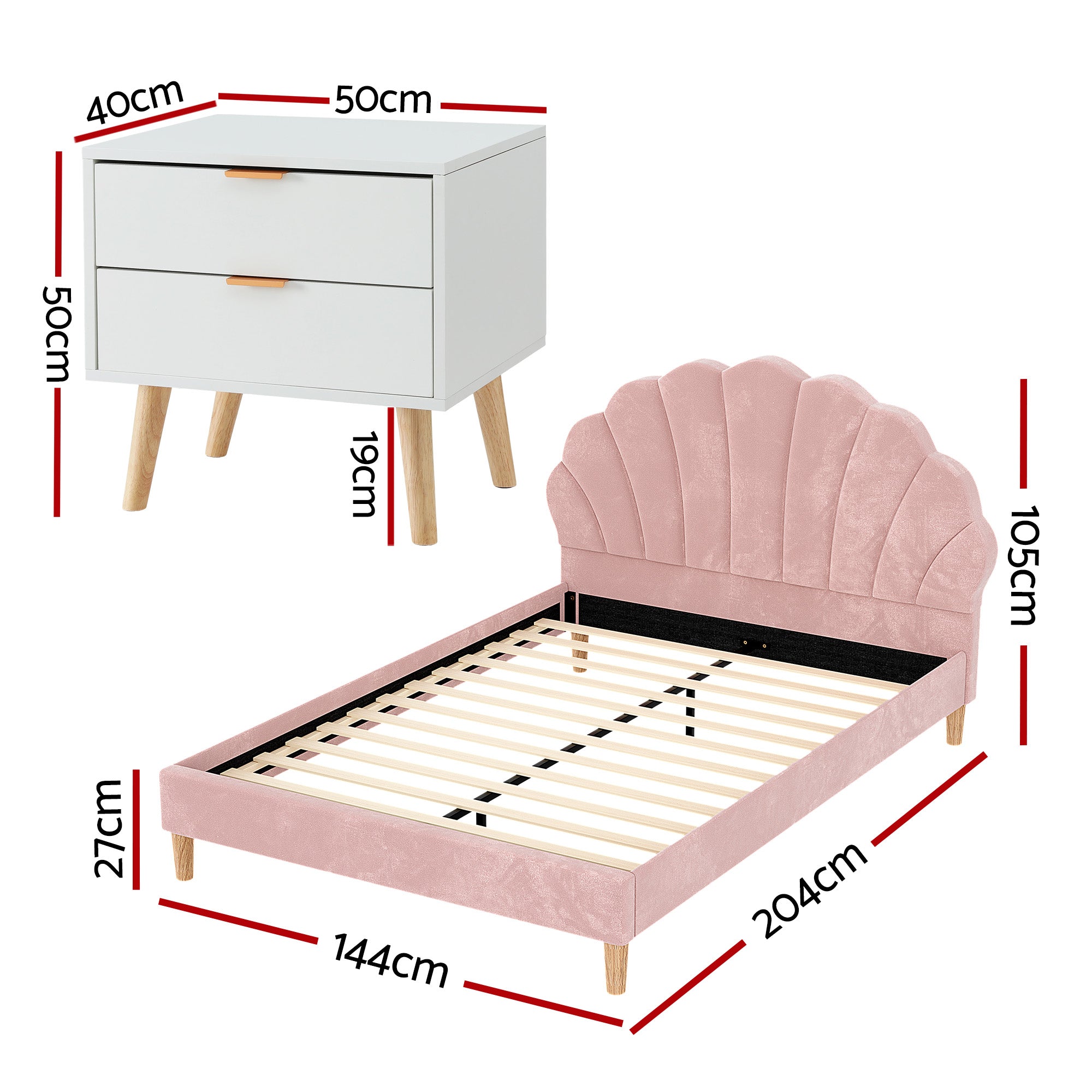 Artiss Double Bed Frame Scallop Headboard Pink Velvet with 2 Drawer Bedside Table BFRAME-SET-ROSY-BS-03