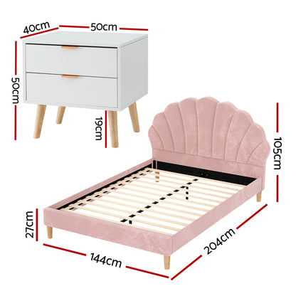 Artiss Double Bed Frame Scallop Headboard Pink Velvet with 2 Drawer Bedside Table BFRAME-SET-ROSY-BS-03