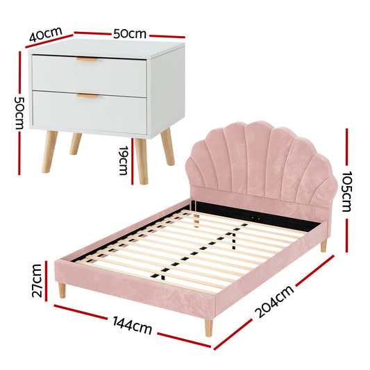 Artiss Double Bed Frame Scallop Headboard Pink Velvet with 2 Drawer Bedside Table BFRAME-SET-ROSY-BS-03