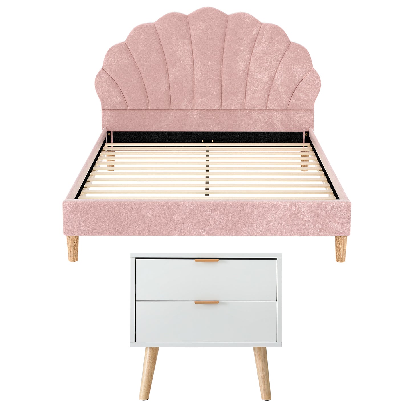 Artiss Double Bed Frame Scallop Headboard Pink Velvet with 2 Drawer Bedside Table BFRAME-SET-ROSY-BS-03