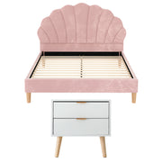 Artiss Double Bed Frame Scallop Headboard Pink Velvet with 2 Drawer Bedside Table BFRAME-SET-ROSY-BS-03