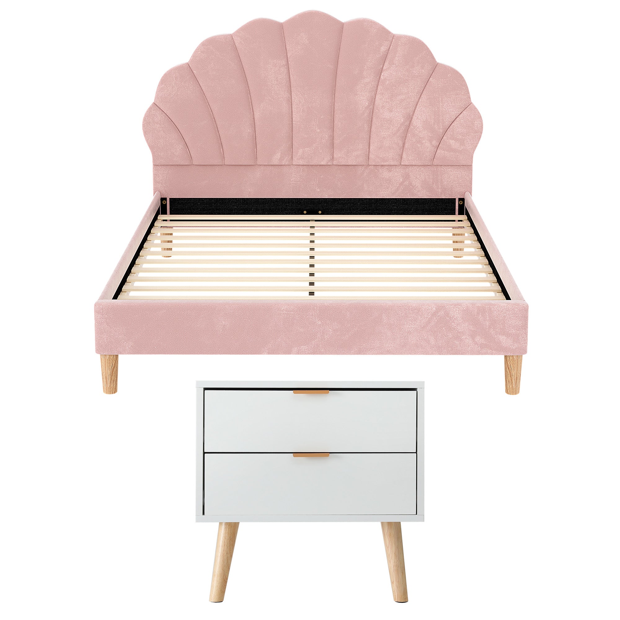 Artiss Double Bed Frame Scallop Headboard Pink Velvet with 2 Drawer Bedside Table BFRAME-SET-ROSY-BS-03
