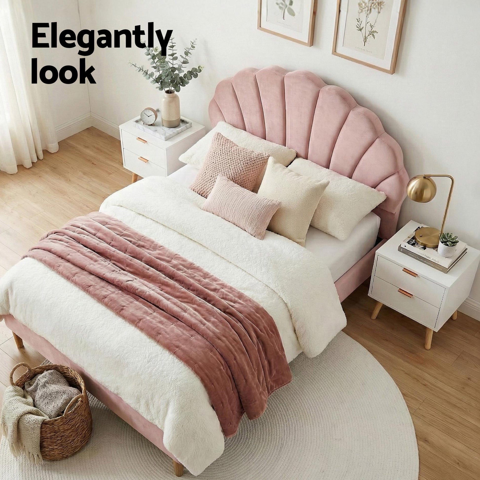 Artiss Double Bed Frame Scallop Headboard Pink Velvet with 2 Drawer Bedside Table BFRAME-SET-ROSY-BS-03