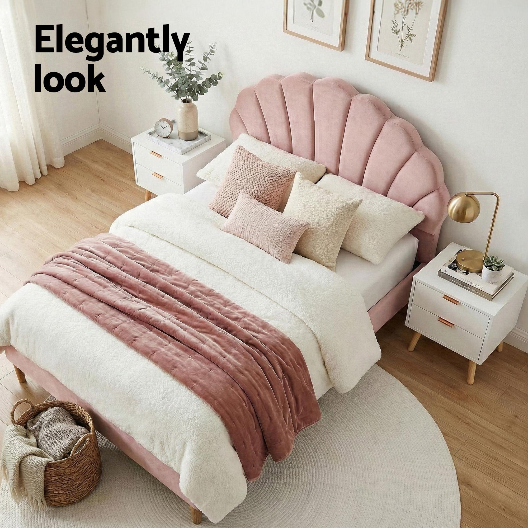 Artiss Double Bed Frame Scallop Headboard Pink Velvet with 2 Drawer Bedside Table BFRAME-SET-ROSY-BS-03