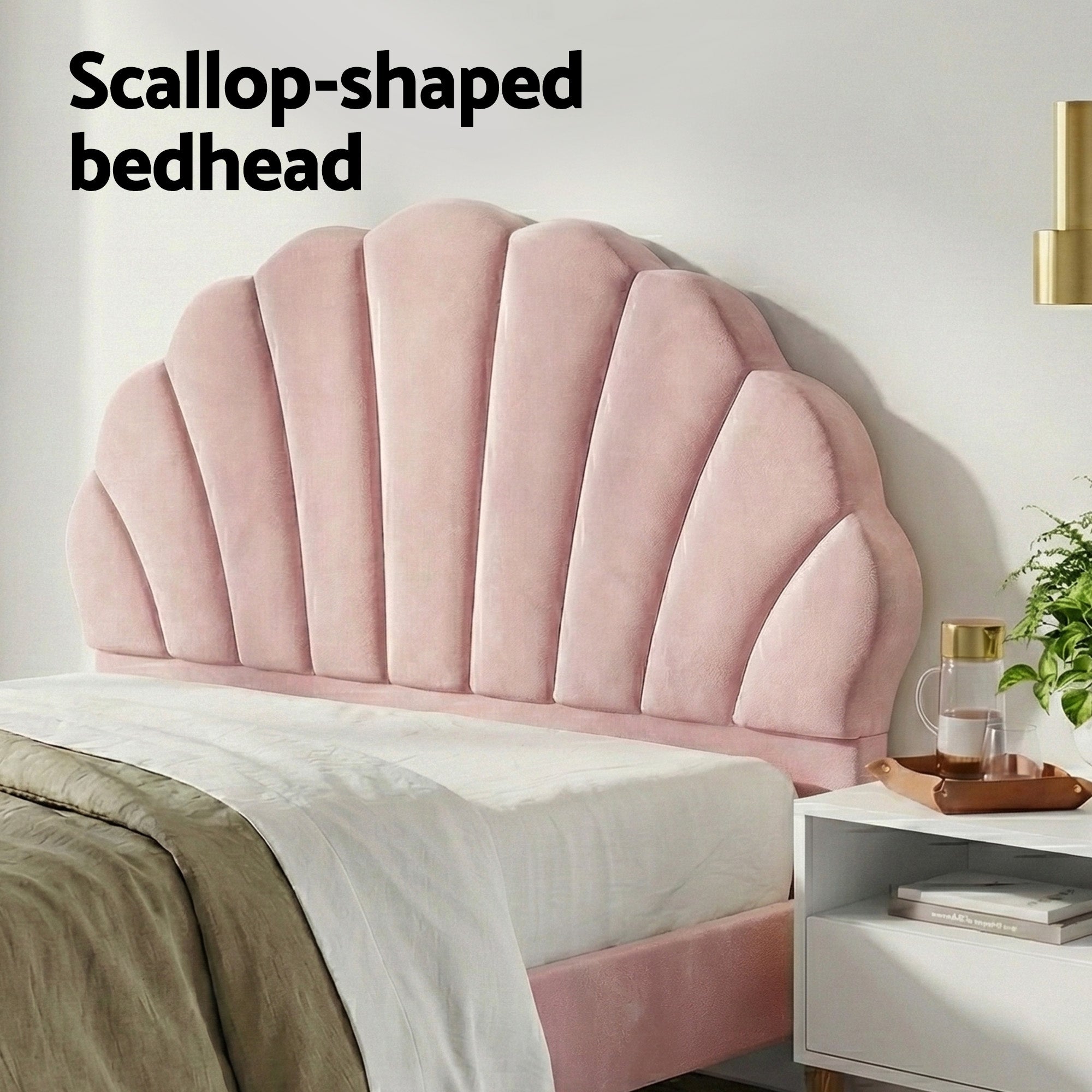 Artiss Double Bed Frame Scallop Headboard Pink Velvet with 2 Drawer Bedside Table BFRAME-SET-ROSY-BS-03