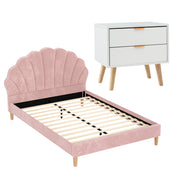 Artiss Double Bed Frame Scallop Headboard Pink Velvet with 2 Drawer Bedside Table BFRAME-SET-ROSY-BS-03