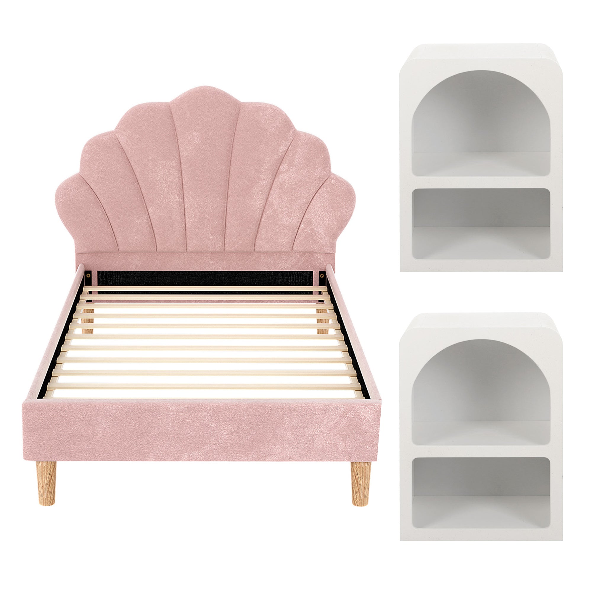 Artiss Bed Frame King Single with 2 Bedside Tables Set Scallop Headboard Pink Velvet Fabric Beds Base BFRAME-SET-ROSY-BSX2-01