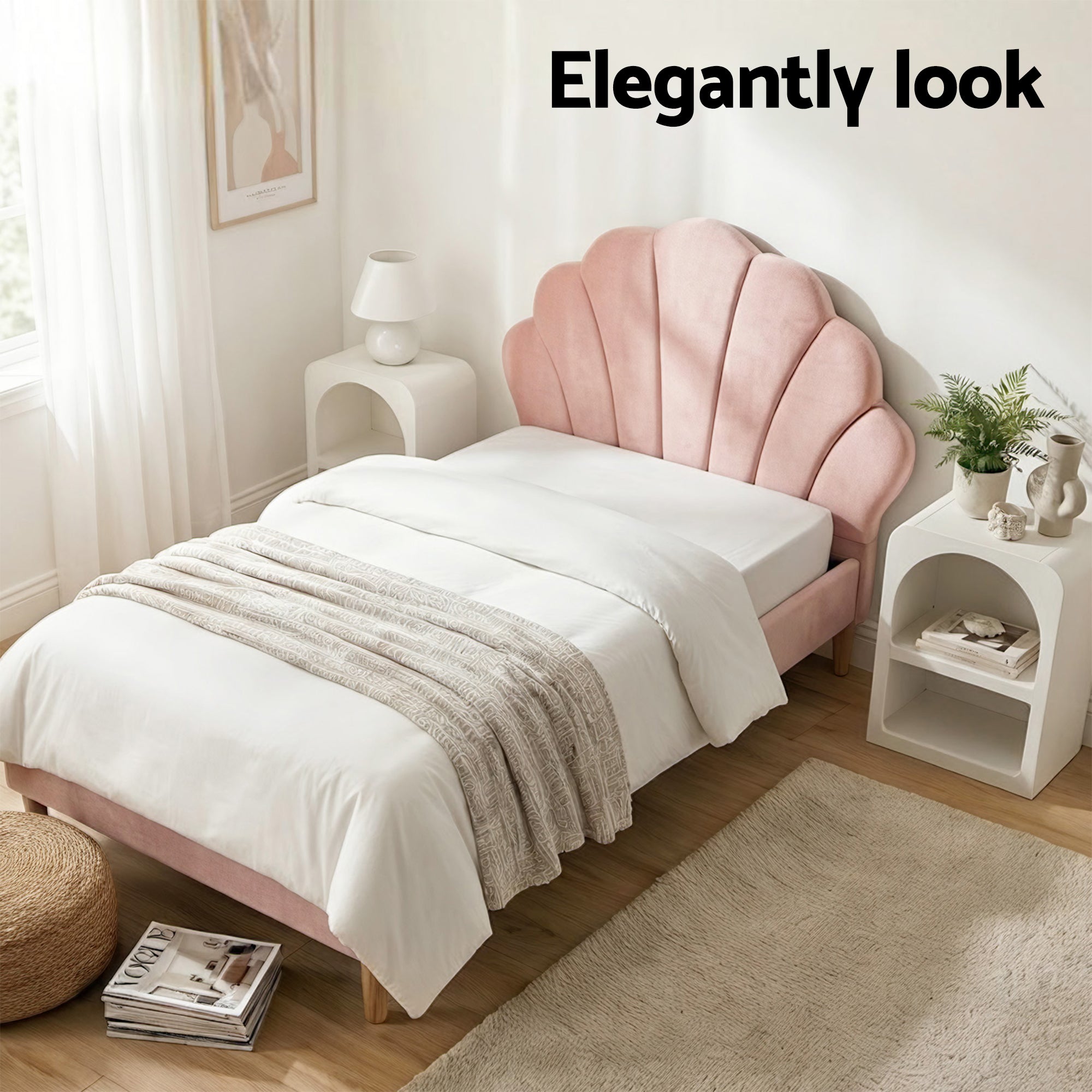 Artiss Bed Frame King Single with 2 Bedside Tables Set Scallop Headboard Pink Velvet Fabric Beds Base BFRAME-SET-ROSY-BSX2-01