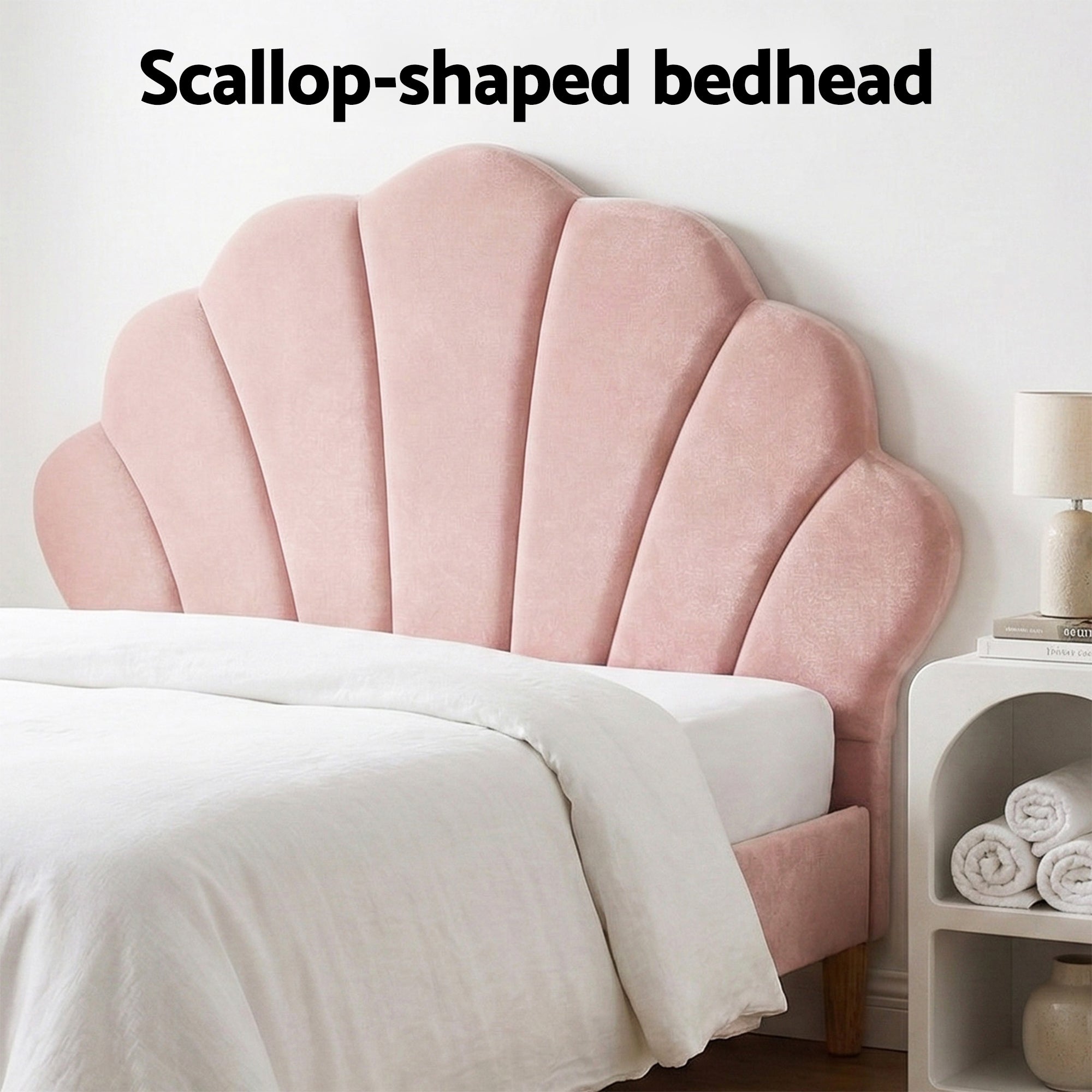 Artiss Bed Frame King Single with 2 Bedside Tables Set Scallop Headboard Pink Velvet Fabric Beds Base BFRAME-SET-ROSY-BSX2-01