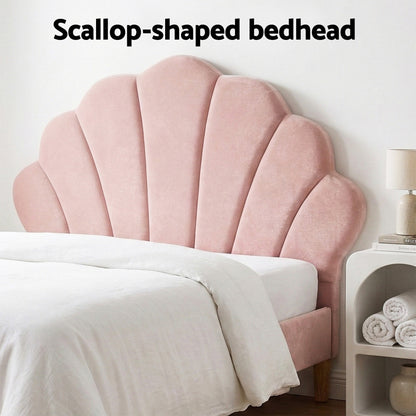 Artiss Bed Frame King Single with 2 Bedside Tables Set Scallop Headboard Pink Velvet Fabric Beds Base BFRAME-SET-ROSY-BSX2-01