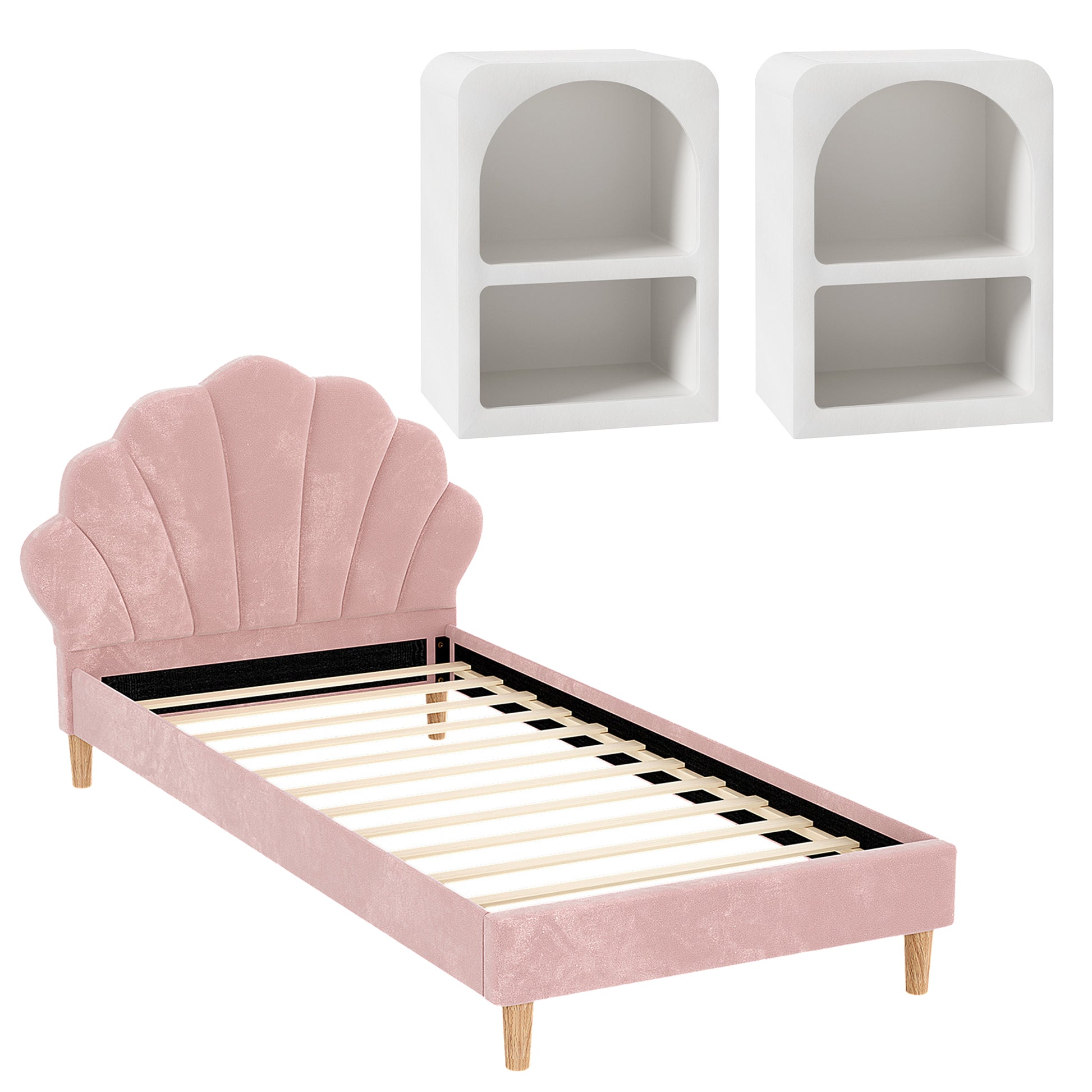 Artiss Bed Frame King Single with 2 Bedside Tables Set Scallop Headboard Pink Velvet Fabric Beds Base BFRAME-SET-ROSY-BSX2-01