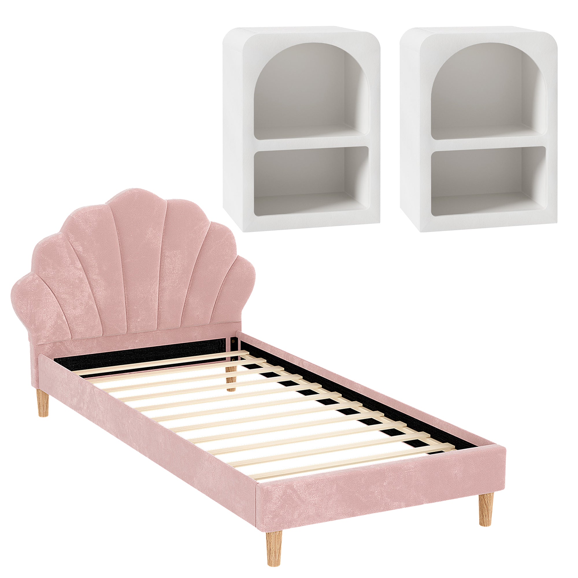 Artiss Bed Frame King Single with 2 Bedside Tables Set Scallop Headboard Pink Velvet Fabric Beds Base BFRAME-SET-ROSY-BSX2-01