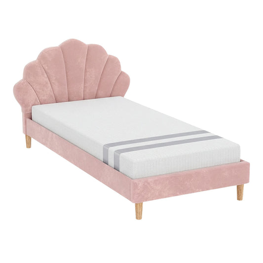 Artiss King Single Bed Frame BedStory Mattress Set Pink Velvet Scallop Bedhead with 20cm Mattress