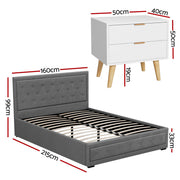 Artiss Upholstered Queen Gas Lift Storage Bed Frame with 2-Drawer Bedside Table Set BFRAME-SET-TIYO-BS-03